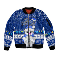 Personalised Palau Christmas Sleeve Zip Bomber Jacket Snowman Hugs Palau Coat of Arms Maori Pattern Blue Style LT03 Unisex Blue - Polynesian Pride