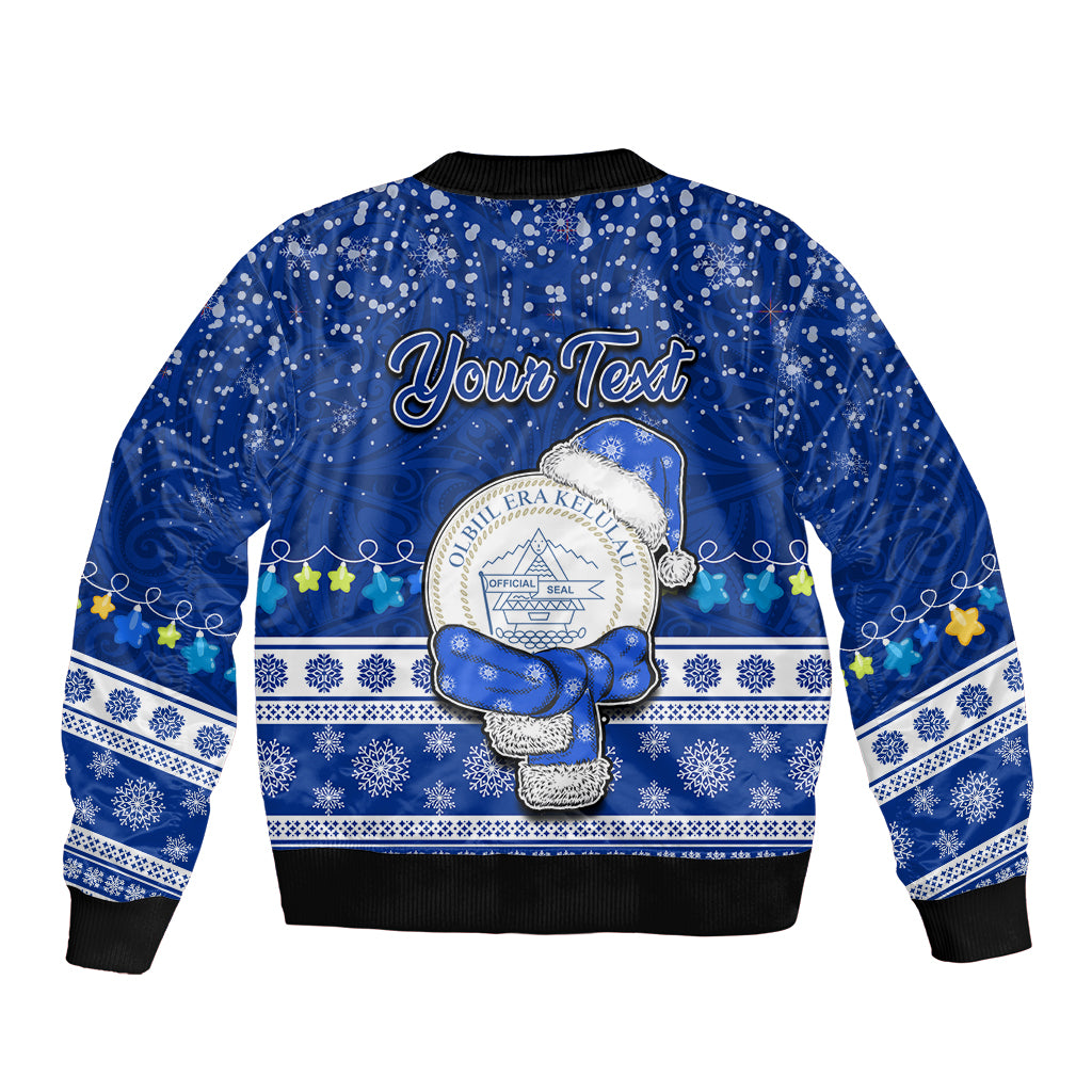 Personalised Palau Christmas Sleeve Zip Bomber Jacket Snowman Hugs Palau Coat of Arms Maori Pattern Blue Style LT03 - Polynesian Pride
