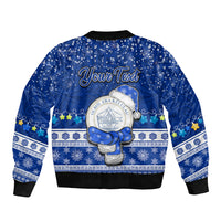 Personalised Palau Christmas Sleeve Zip Bomber Jacket Snowman Hugs Palau Coat of Arms Maori Pattern Blue Style LT03 - Polynesian Pride