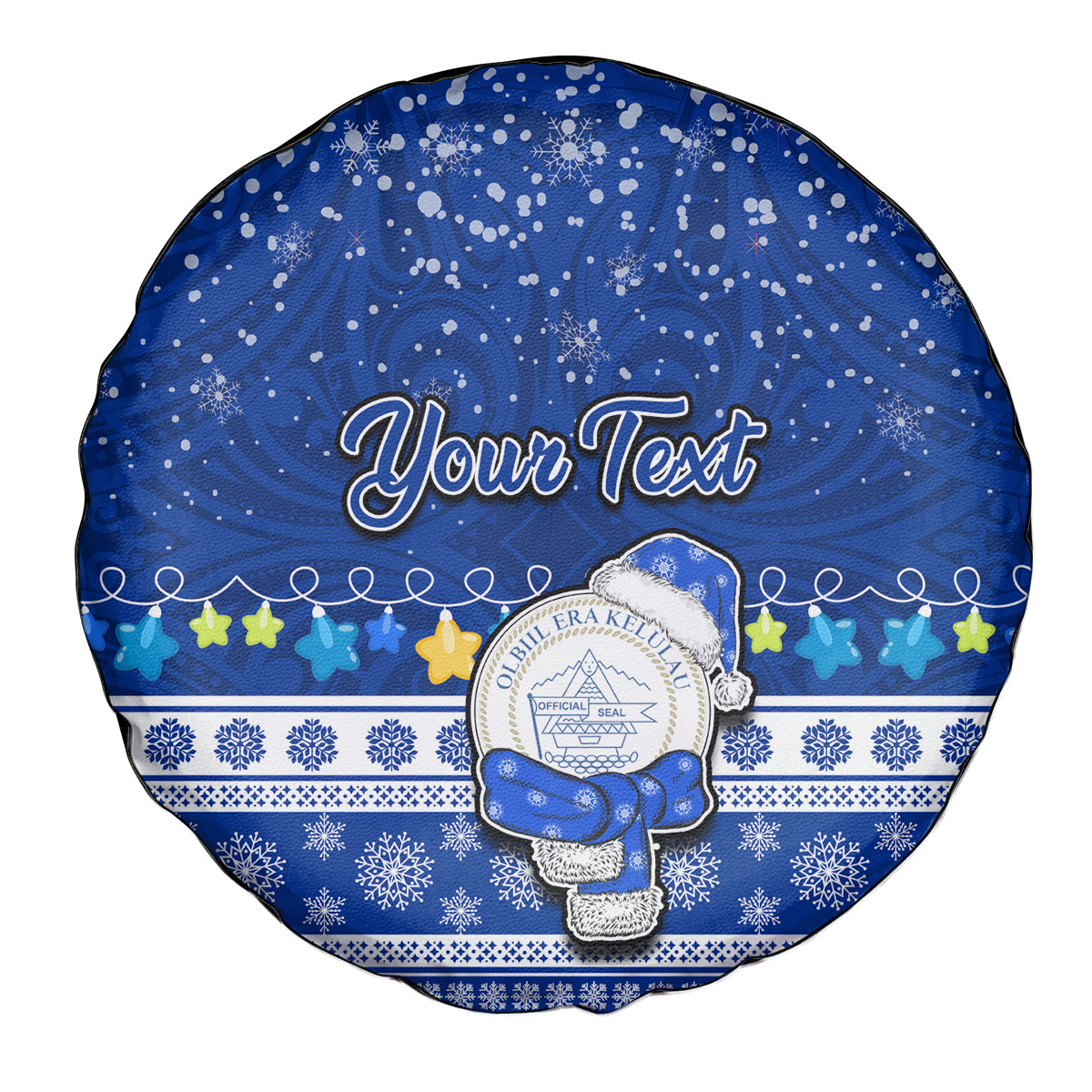 Personalised Palau Christmas Spare Tire Cover Snowman Hugs Palau Coat of Arms Maori Pattern Blue Style LT03 - Polynesian Pride