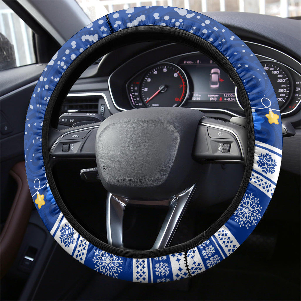Personalised Palau Christmas Steering Wheel Cover Snowman Hugs Palau Coat of Arms Maori Pattern Blue Style