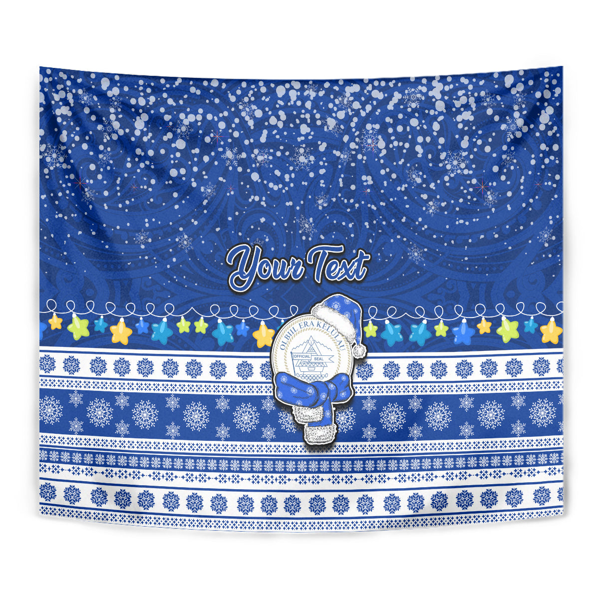 Personalised Palau Christmas Tapestry Snowman Hugs Palau Coat of Arms Maori Pattern Blue Style LT03 - Polynesian Pride