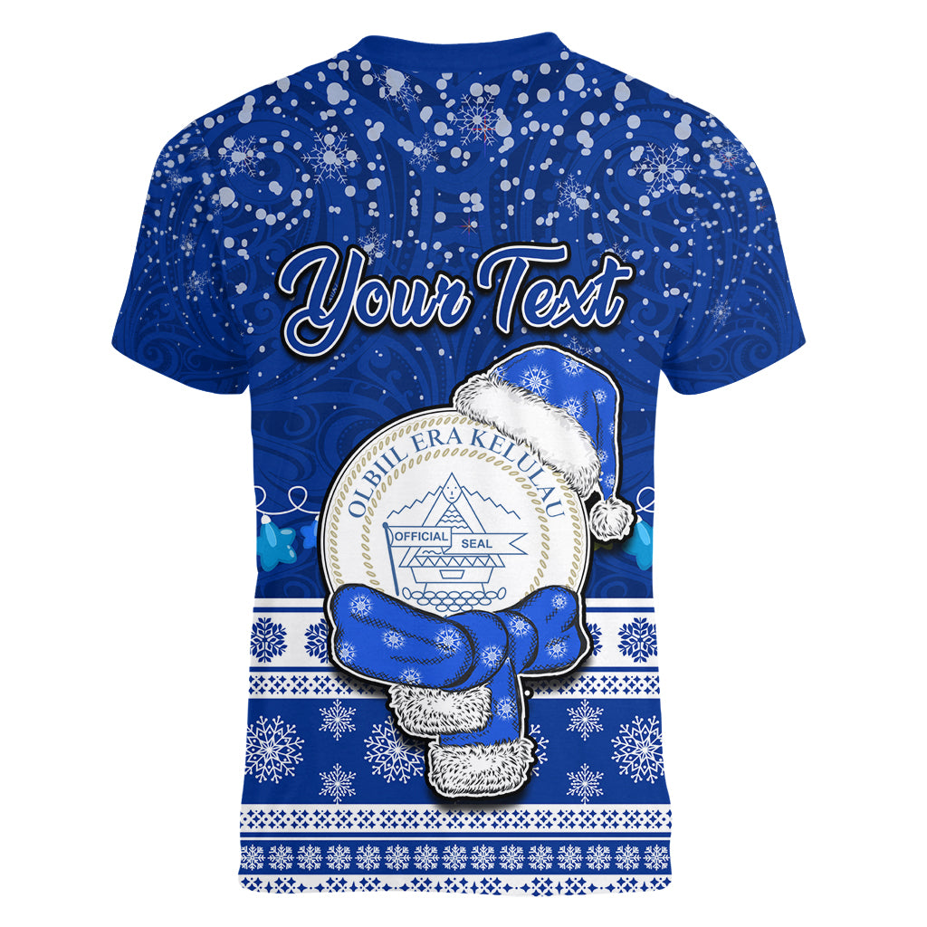 Personalised Palau Christmas Women V Neck T Shirt Snowman Hugs Palau Coat of Arms Maori Pattern Blue Style LT03 - Polynesian Pride
