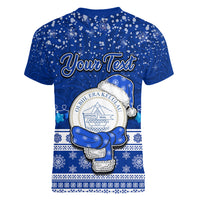 Personalised Palau Christmas Women V Neck T Shirt Snowman Hugs Palau Coat of Arms Maori Pattern Blue Style LT03 - Polynesian Pride