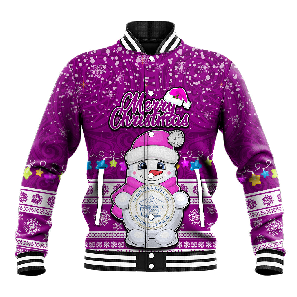 Palau Christmas Baseball Jacket Snowman Hugs Palau Coat of Arms Maori Pattern Pink Style LT03 Unisex Pink - Polynesian Pride