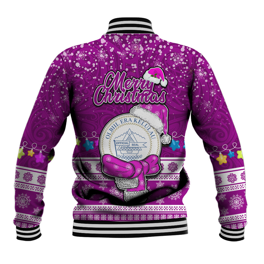 Palau Christmas Baseball Jacket Snowman Hugs Palau Coat of Arms Maori Pattern Pink Style LT03 - Polynesian Pride