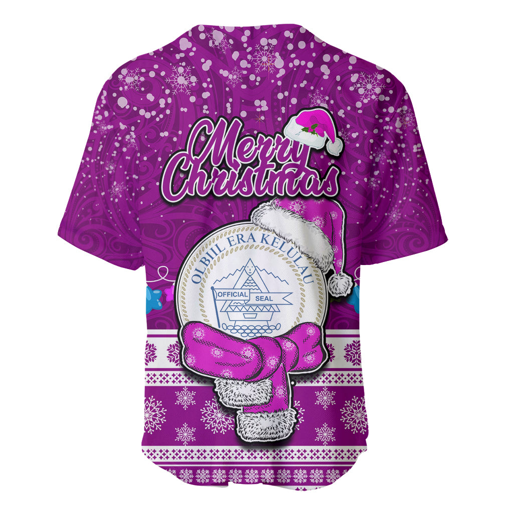 Palau Christmas Baseball Jersey Snowman Hugs Palau Coat of Arms Maori Pattern Pink Style LT03 - Polynesian Pride