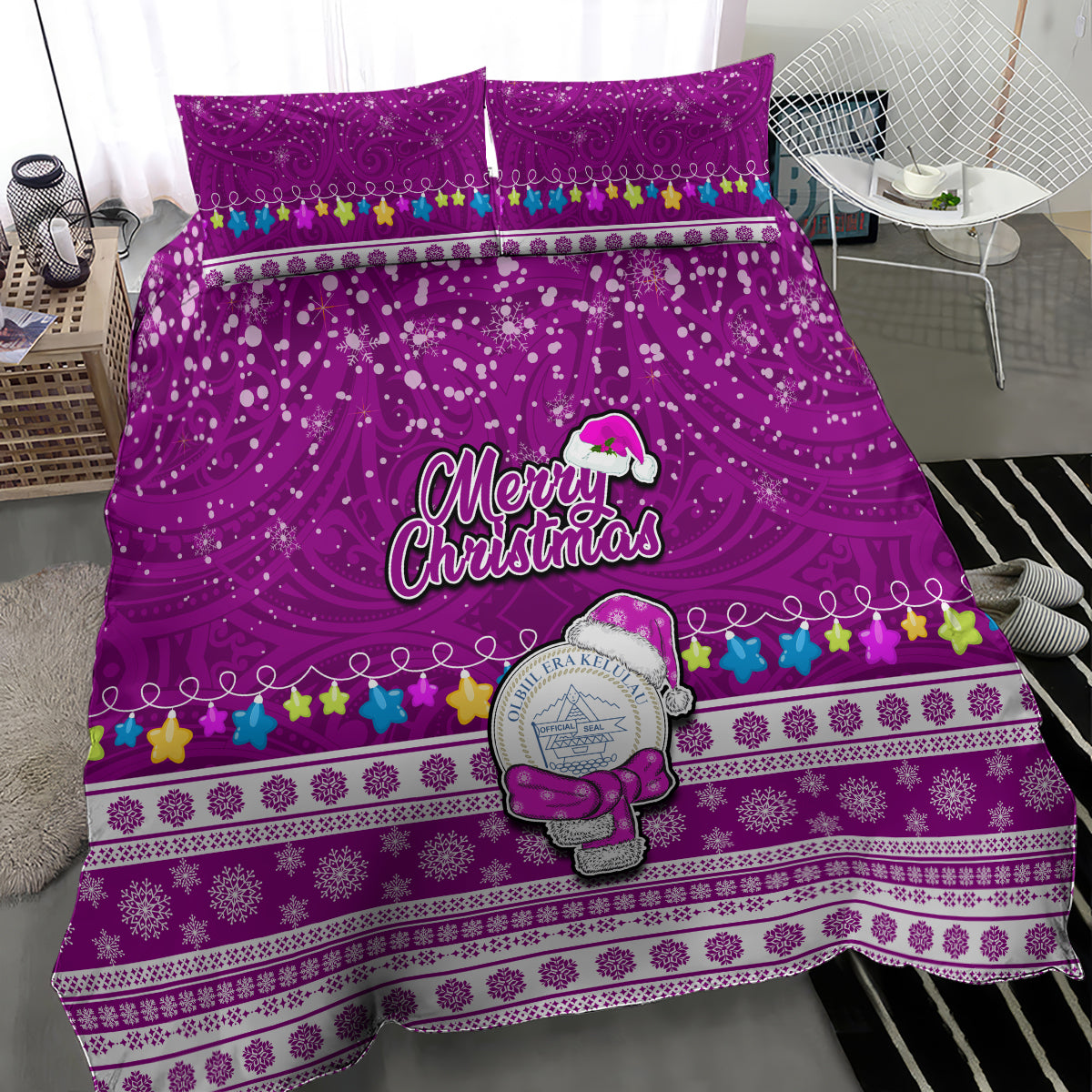 Palau Christmas Bedding Set Snowman Hugs Palau Coat of Arms Maori Pattern Pink Style LT03 - Polynesian Pride