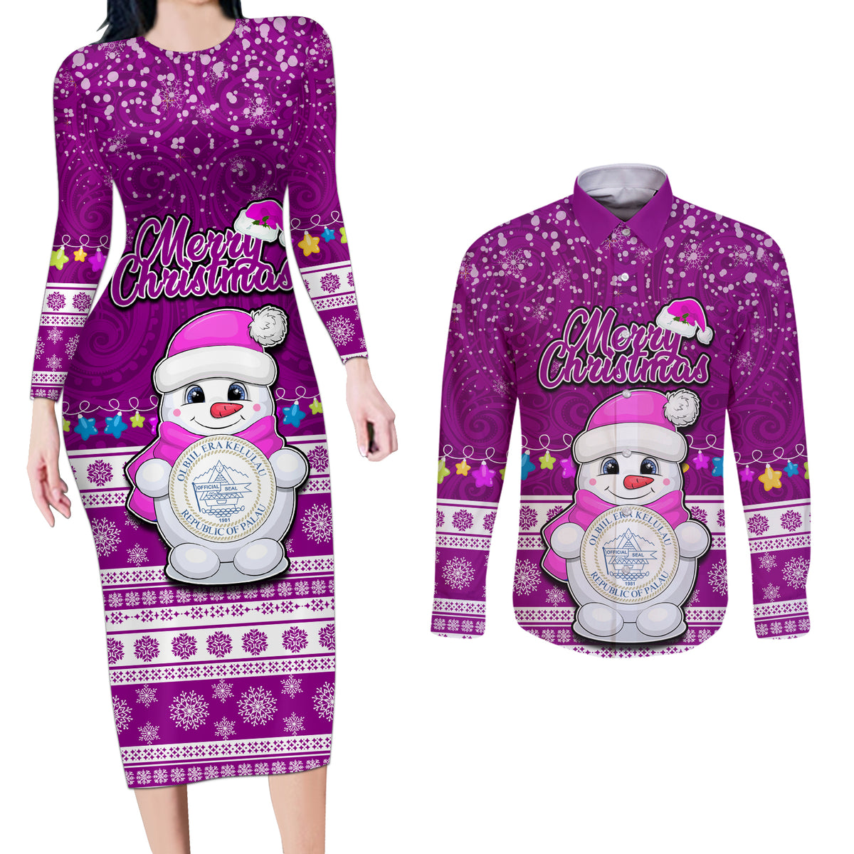 Palau Christmas Couples Matching Long Sleeve Bodycon Dress and Long Sleeve Button Shirt Snowman Hugs Palau Coat of Arms Maori Pattern Pink Style LT03 Pink - Polynesian Pride
