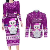 Palau Christmas Couples Matching Long Sleeve Bodycon Dress and Long Sleeve Button Shirt Snowman Hugs Palau Coat of Arms Maori Pattern Pink Style LT03 Pink - Polynesian Pride
