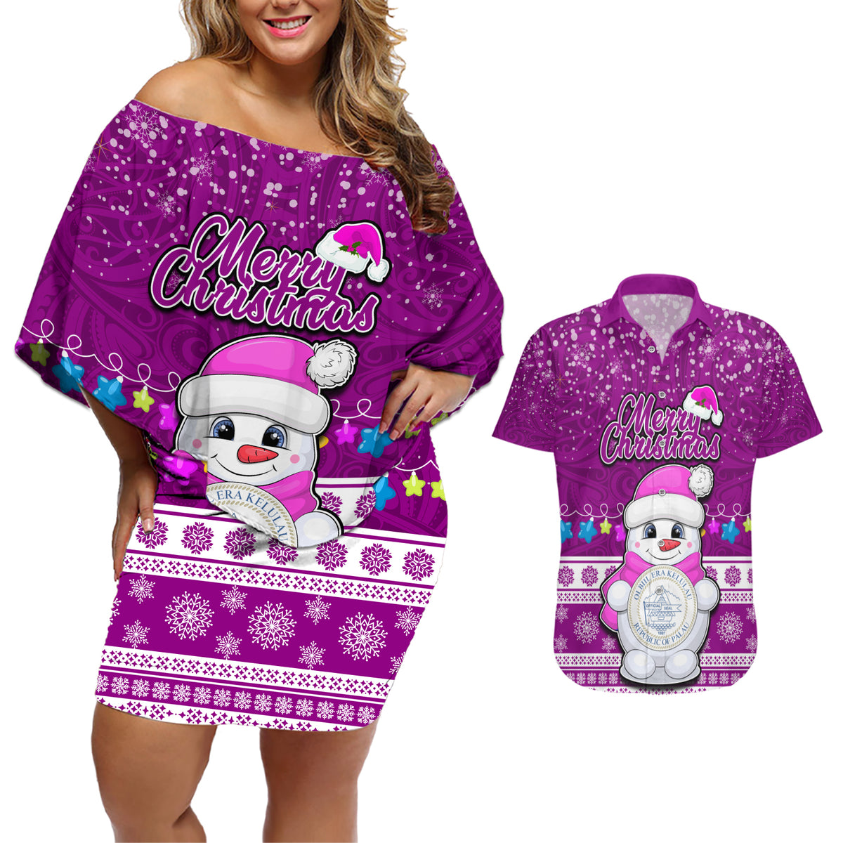 Palau Christmas Couples Matching Off Shoulder Short Dress and Hawaiian Shirt Snowman Hugs Palau Coat of Arms Maori Pattern Pink Style LT03 Pink - Polynesian Pride