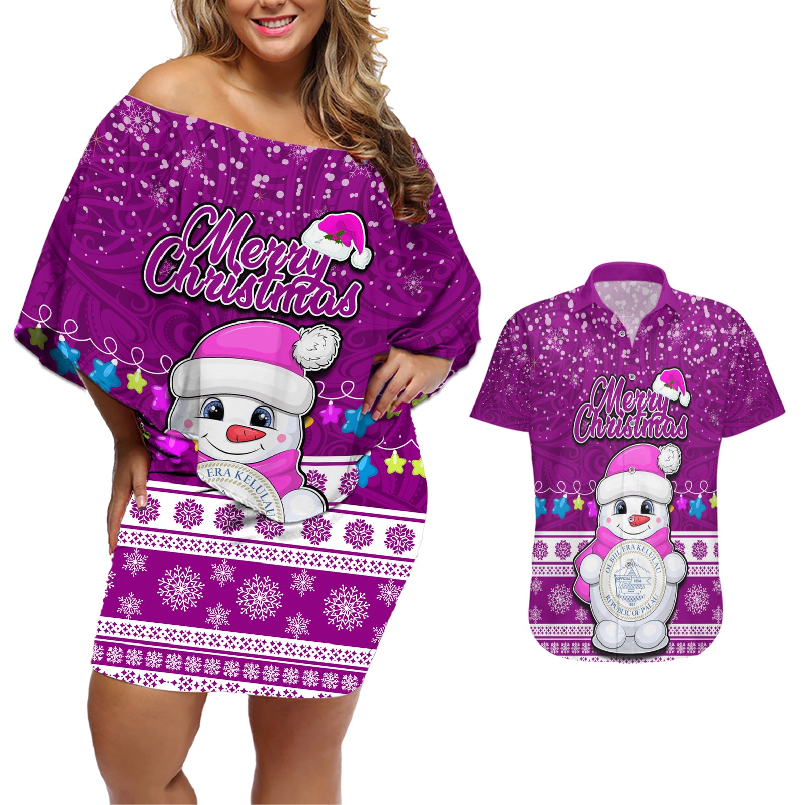 Palau Christmas Couples Matching Off Shoulder Short Dress and Hawaiian Shirt Snowman Hugs Palau Coat of Arms Maori Pattern Pink Style LT03 Pink - Polynesian Pride