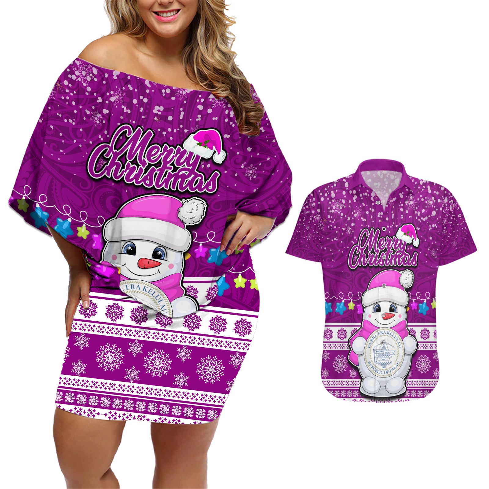 Palau Christmas Couples Matching Off Shoulder Short Dress and Hawaiian Shirt Snowman Hugs Palau Coat of Arms Maori Pattern Pink Style LT03 Pink - Polynesian Pride