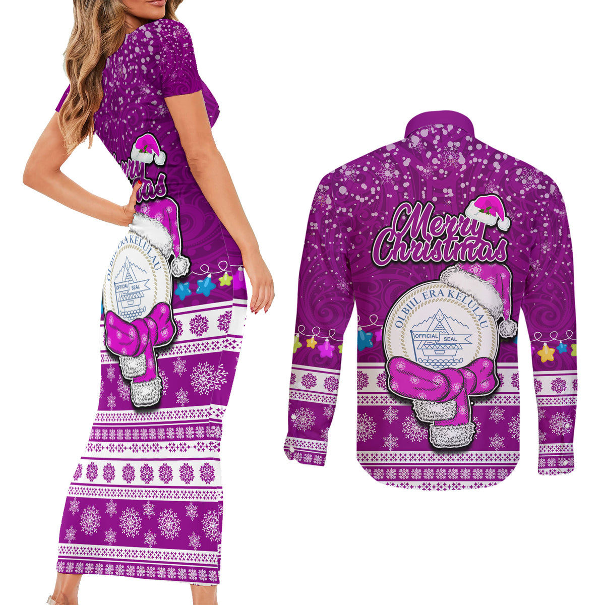 Palau Christmas Couples Matching Short Sleeve Bodycon Dress and Long Sleeve Button Shirt Snowman Hugs Palau Coat of Arms Maori Pattern Pink Style LT03 - Polynesian Pride
