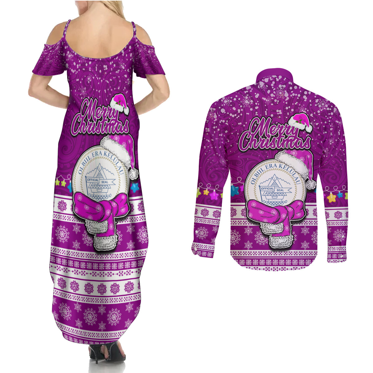 Palau Christmas Couples Matching Summer Maxi Dress and Long Sleeve Button Shirt Snowman Hugs Palau Coat of Arms Maori Pattern Pink Style LT03 - Polynesian Pride