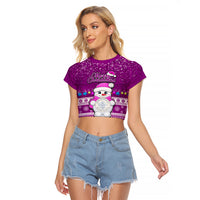 Palau Christmas Raglan Cropped T Shirt Snowman Hugs Palau Coat of Arms Maori Pattern Pink Style LT03 Female Pink - Polynesian Pride