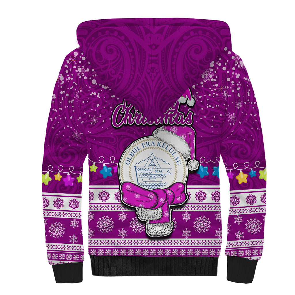Palau Christmas Sherpa Hoodie Snowman Hugs Palau Coat of Arms Maori Pattern Pink Style LT03 - Polynesian Pride
