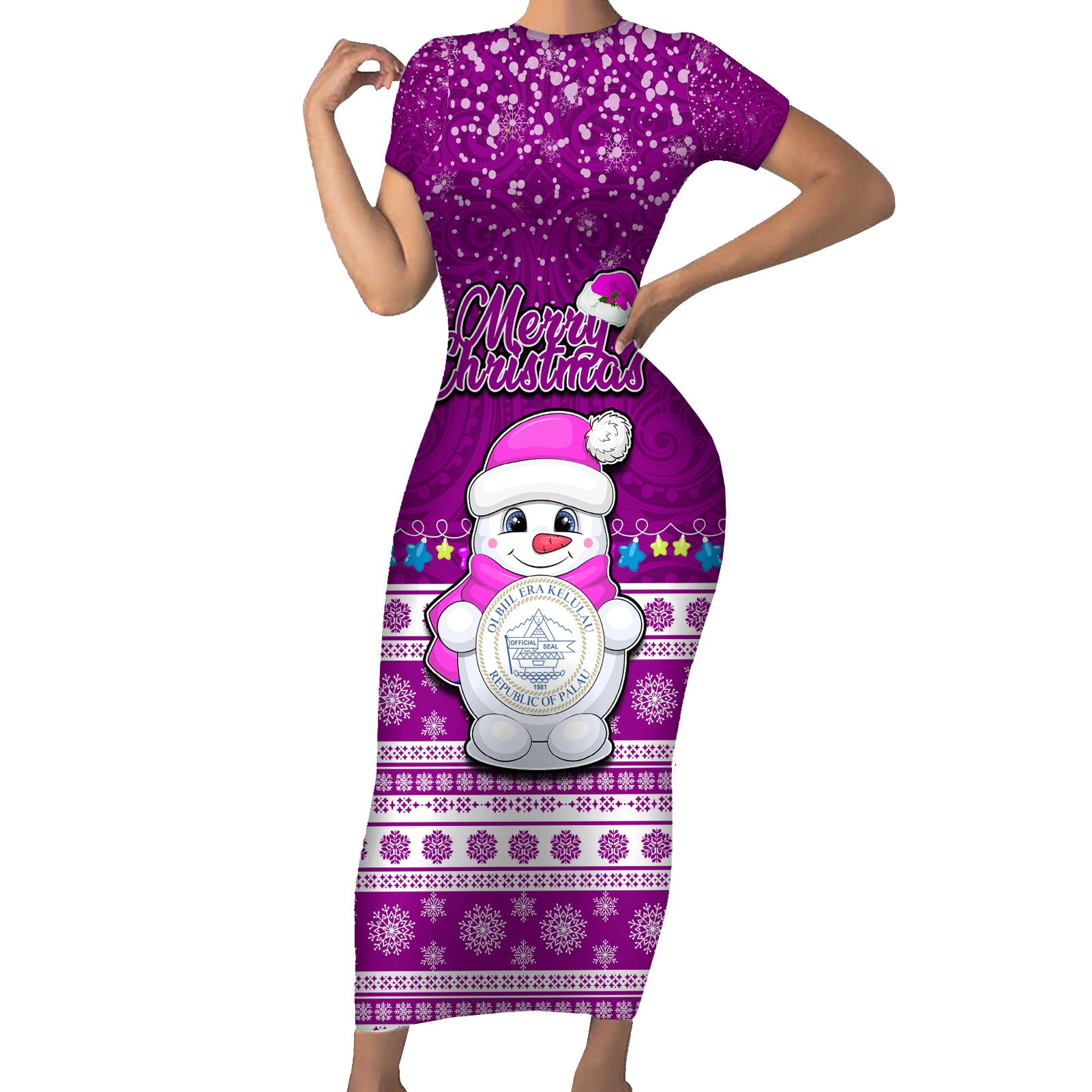 Palau Christmas Short Sleeve Bodycon Dress Snowman Hugs Palau Coat of Arms Maori Pattern Pink Style LT03 Long Dress Pink - Polynesian Pride