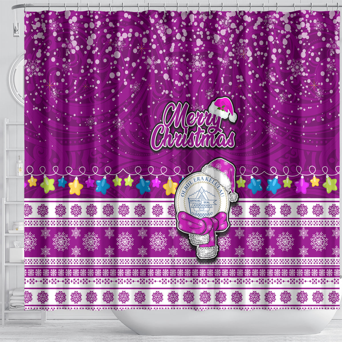 Palau Christmas Shower Curtain Snowman Hugs Palau Coat of Arms Maori Pattern Pink Style LT03 - Polynesian Pride
