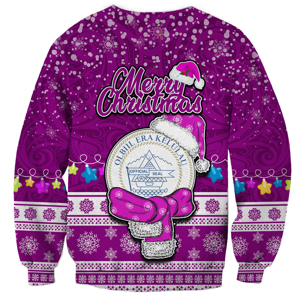 Palau Christmas Sweatshirt Snowman Hugs Palau Coat of Arms Maori Pattern Pink Style LT03 - Polynesian Pride