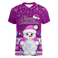 Palau Christmas Women V Neck T Shirt Snowman Hugs Palau Coat of Arms Maori Pattern Pink Style LT03 Female Pink - Polynesian Pride