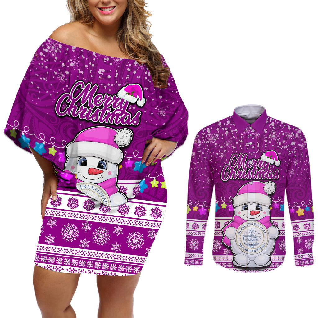Personalised Palau Christmas Couples Matching Off Shoulder Short Dress and Long Sleeve Button Shirt Snowman Hugs Palau Coat of Arms Maori Pattern Pink Style LT03 Pink - Polynesian Pride
