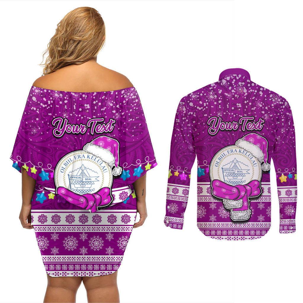 Personalised Palau Christmas Couples Matching Off Shoulder Short Dress and Long Sleeve Button Shirt Snowman Hugs Palau Coat of Arms Maori Pattern Pink Style LT03 - Polynesian Pride
