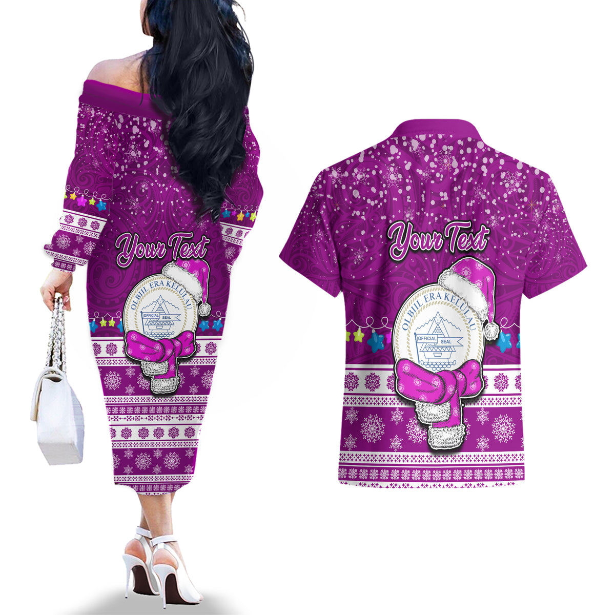 Personalised Palau Christmas Couples Matching Off The Shoulder Long Sleeve Dress and Hawaiian Shirt Snowman Hugs Palau Coat of Arms Maori Pattern Pink Style LT03 - Polynesian Pride