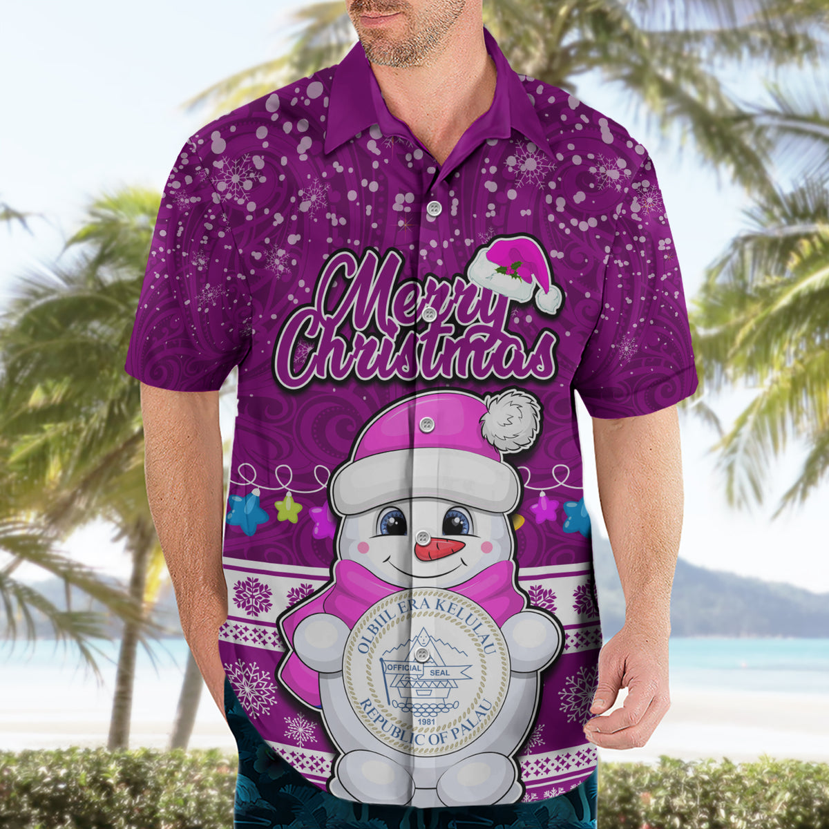 Personalised Palau Christmas Hawaiian Shirt Snowman Hugs Palau Coat of Arms Maori Pattern Pink Style LT03 - Polynesian Pride