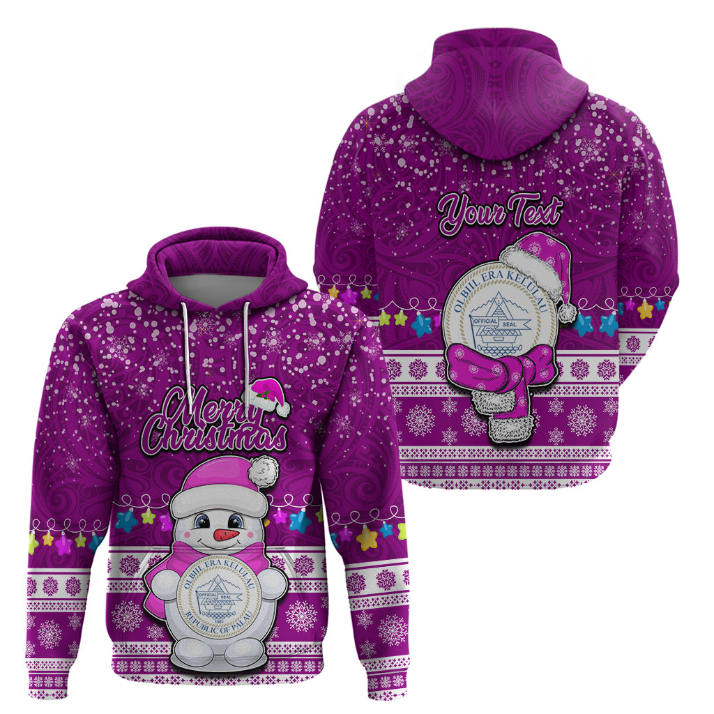 Personalised Palau Christmas Hoodie Snowman Hugs Palau Coat of Arms Maori Pattern Pink Style LT03 - Polynesian Pride
