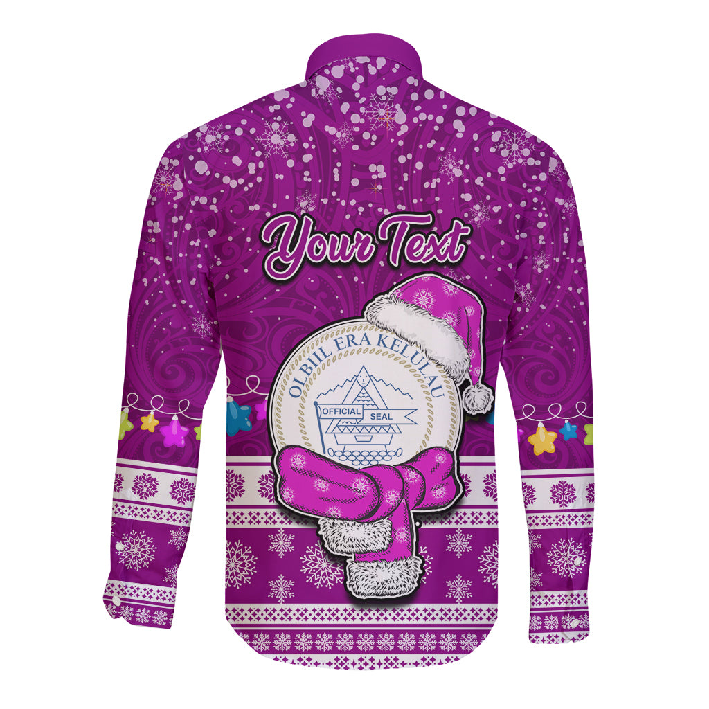 Personalised Palau Christmas Long Sleeve Button Shirt Snowman Hugs Palau Coat of Arms Maori Pattern Pink Style LT03 - Polynesian Pride