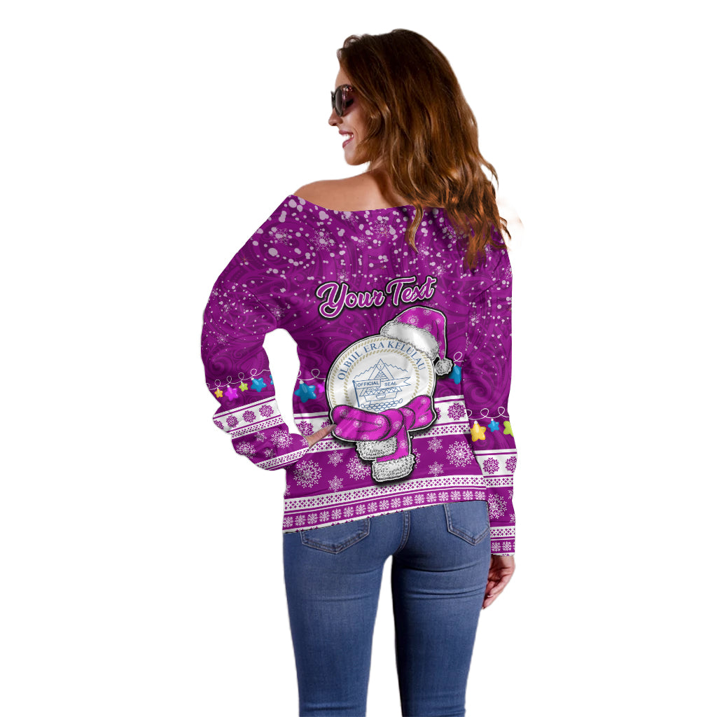 Personalised Palau Christmas Off Shoulder Sweater Snowman Hugs Palau Coat of Arms Maori Pattern Pink Style LT03 - Polynesian Pride