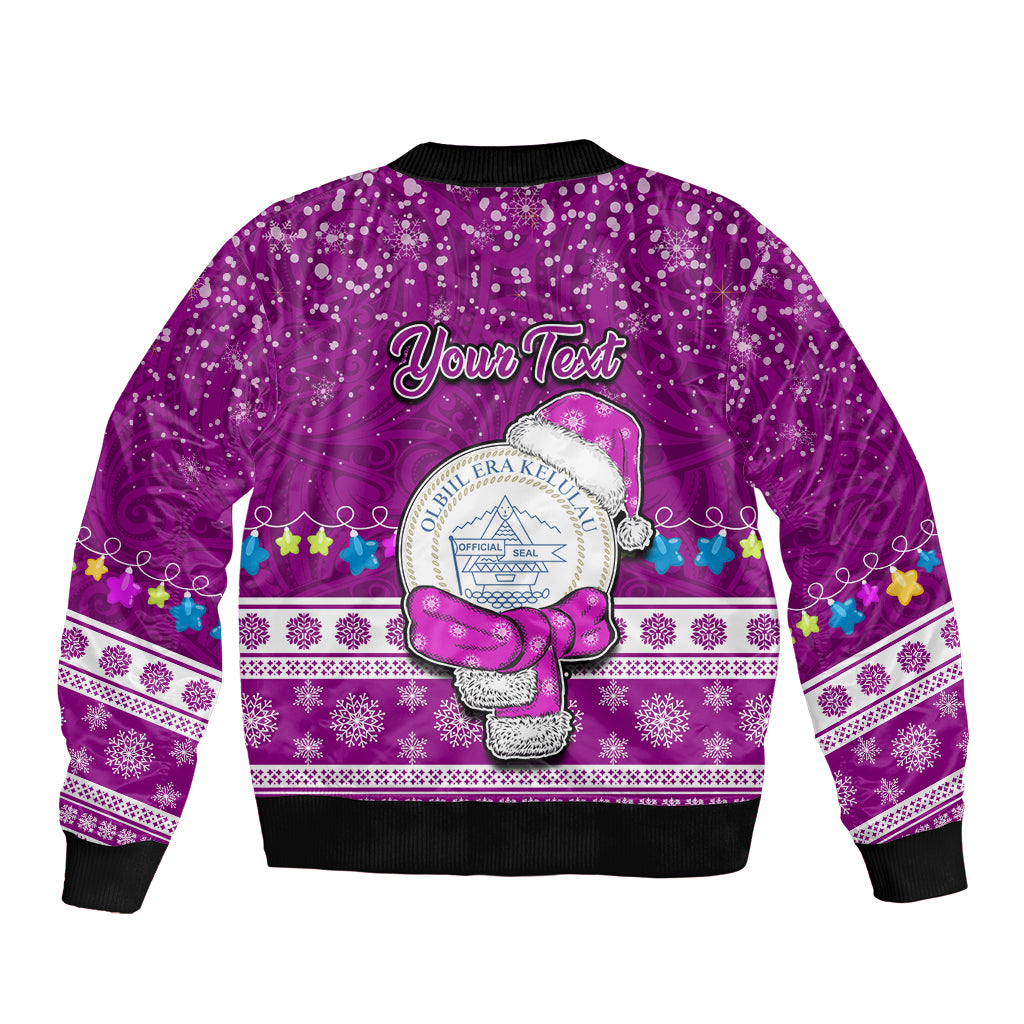 Personalised Palau Christmas Sleeve Zip Bomber Jacket Snowman Hugs Palau Coat of Arms Maori Pattern Pink Style LT03 - Polynesian Pride