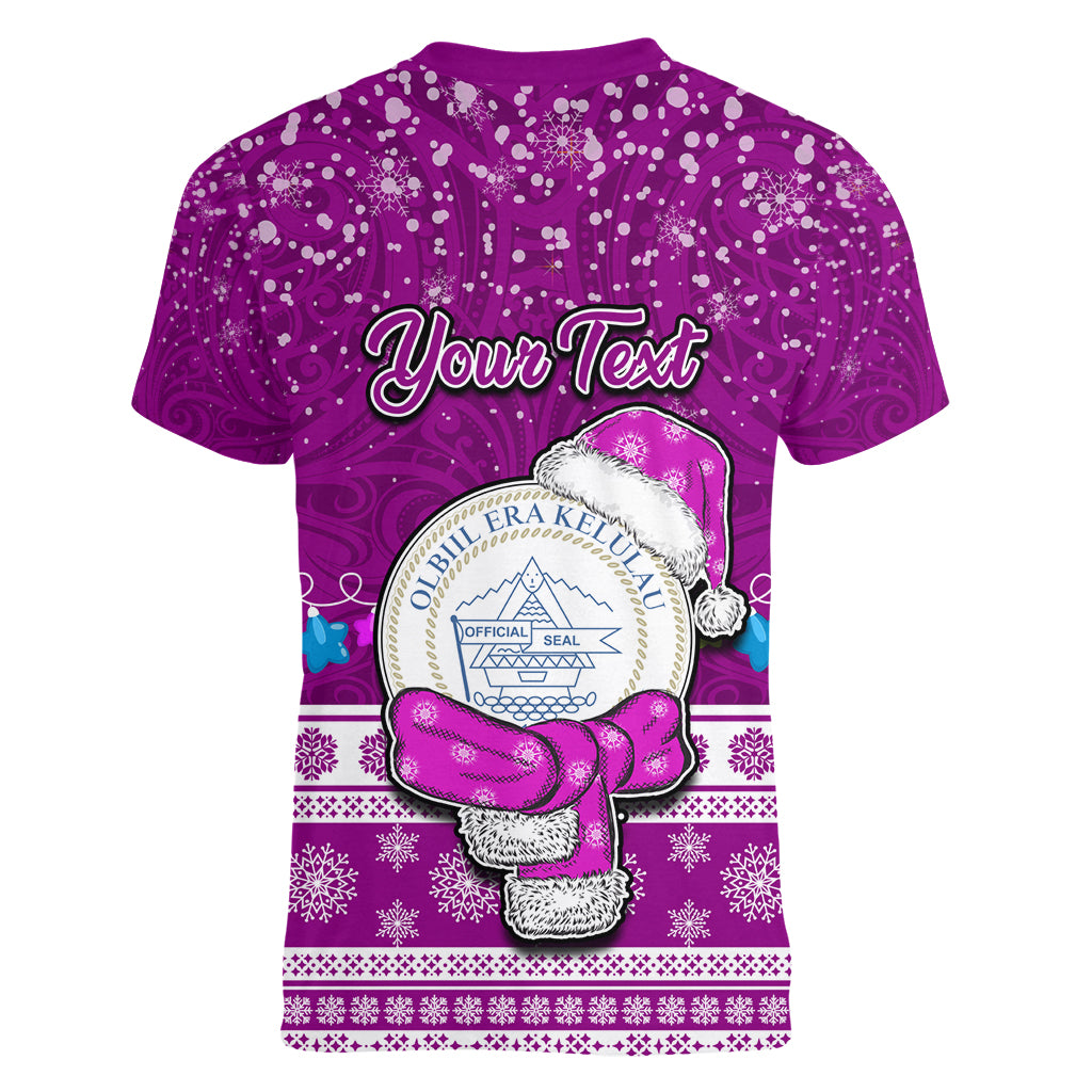Personalised Palau Christmas Women V Neck T Shirt Snowman Hugs Palau Coat of Arms Maori Pattern Pink Style LT03 - Polynesian Pride