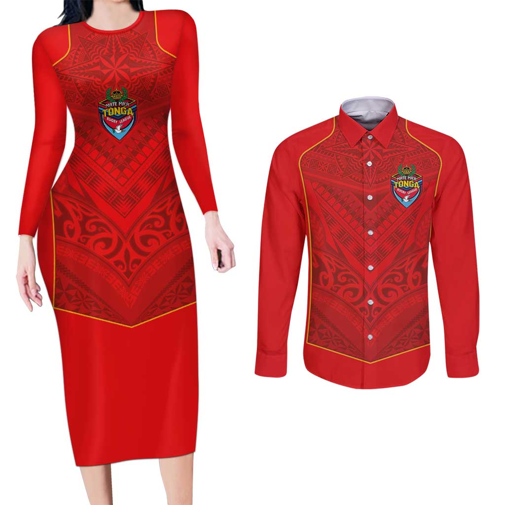 Custom Mate Ma'a Tonga Rugby Couples Matching Long Sleeve Bodycon Dress and Long Sleeve Button Shirt Ngatu Tribal Motifs Sporty Style - Polynesian Pride