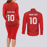 Custom Mate Ma'a Tonga Rugby Couples Matching Long Sleeve Bodycon Dress and Long Sleeve Button Shirt Ngatu Tribal Motifs Sporty Style - Polynesian Pride