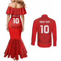 Custom Mate Ma'a Tonga Rugby Couples Matching Mermaid Dress and Long Sleeve Button Shirt Ngatu Tribal Motifs Sporty Style - Polynesian Pride