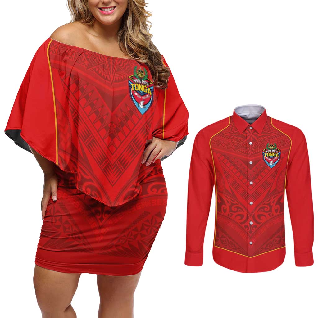 Custom Mate Ma'a Tonga Rugby Couples Matching Off Shoulder Short Dress and Long Sleeve Button Shirt Ngatu Tribal Motifs Sporty Style - Polynesian Pride