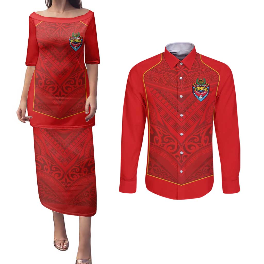 Custom Mate Ma'a Tonga Rugby Couples Matching Puletasi and Long Sleeve Button Shirt Ngatu Tribal Motifs Sporty Style - Polynesian Pride