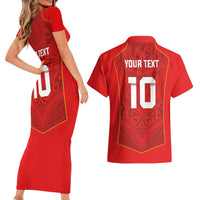 Custom Mate Ma'a Tonga Rugby Couples Matching Short Sleeve Bodycon Dress and Hawaiian Shirt Ngatu Tribal Motifs Sporty Style - Polynesian Pride