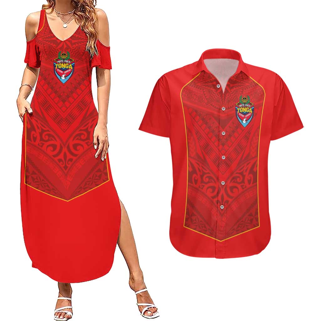Custom Mate Ma'a Tonga Rugby Couples Matching Summer Maxi Dress and Hawaiian Shirt Ngatu Tribal Motifs Sporty Style - Polynesian Pride