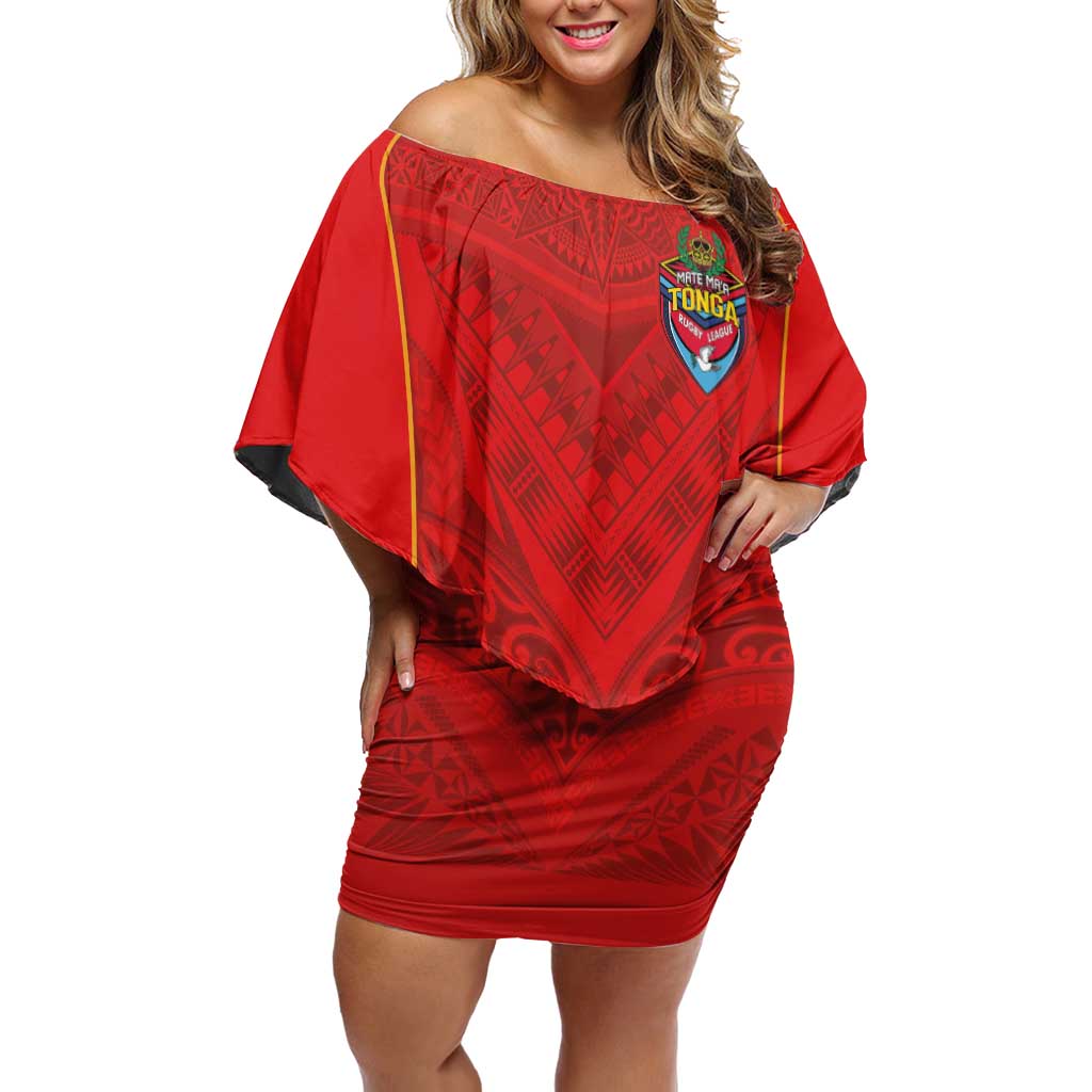 Custom Mate Ma'a Tonga Rugby Off Shoulder Short Dress Ngatu Tribal Motifs Sporty Style - Polynesian Pride