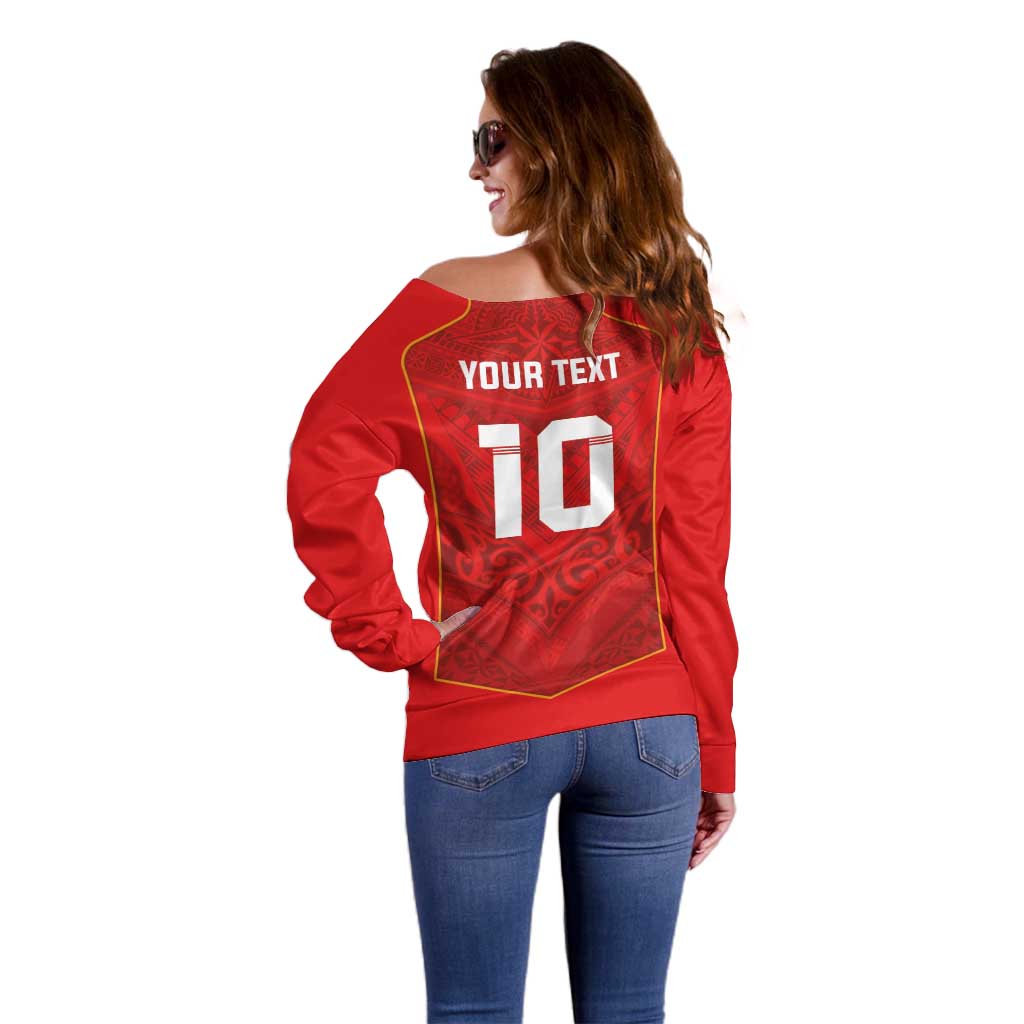 Custom Mate Ma'a Tonga Rugby Off Shoulder Sweater Ngatu Tribal Motifs Sporty Style - Polynesian Pride