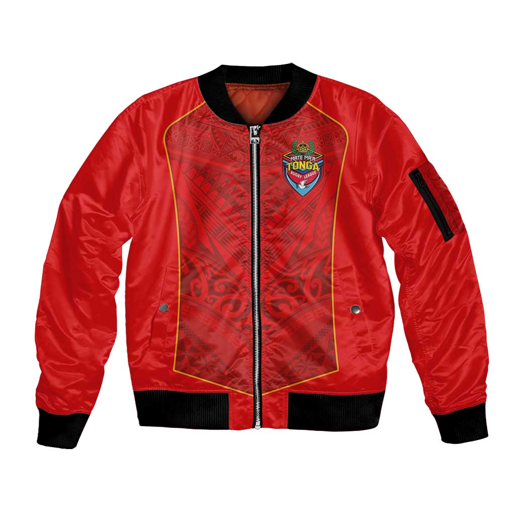 Custom Mate Ma'a Tonga Rugby Sleeve Zip Bomber Jacket Ngatu Tribal Motifs Sporty Style - Polynesian Pride
