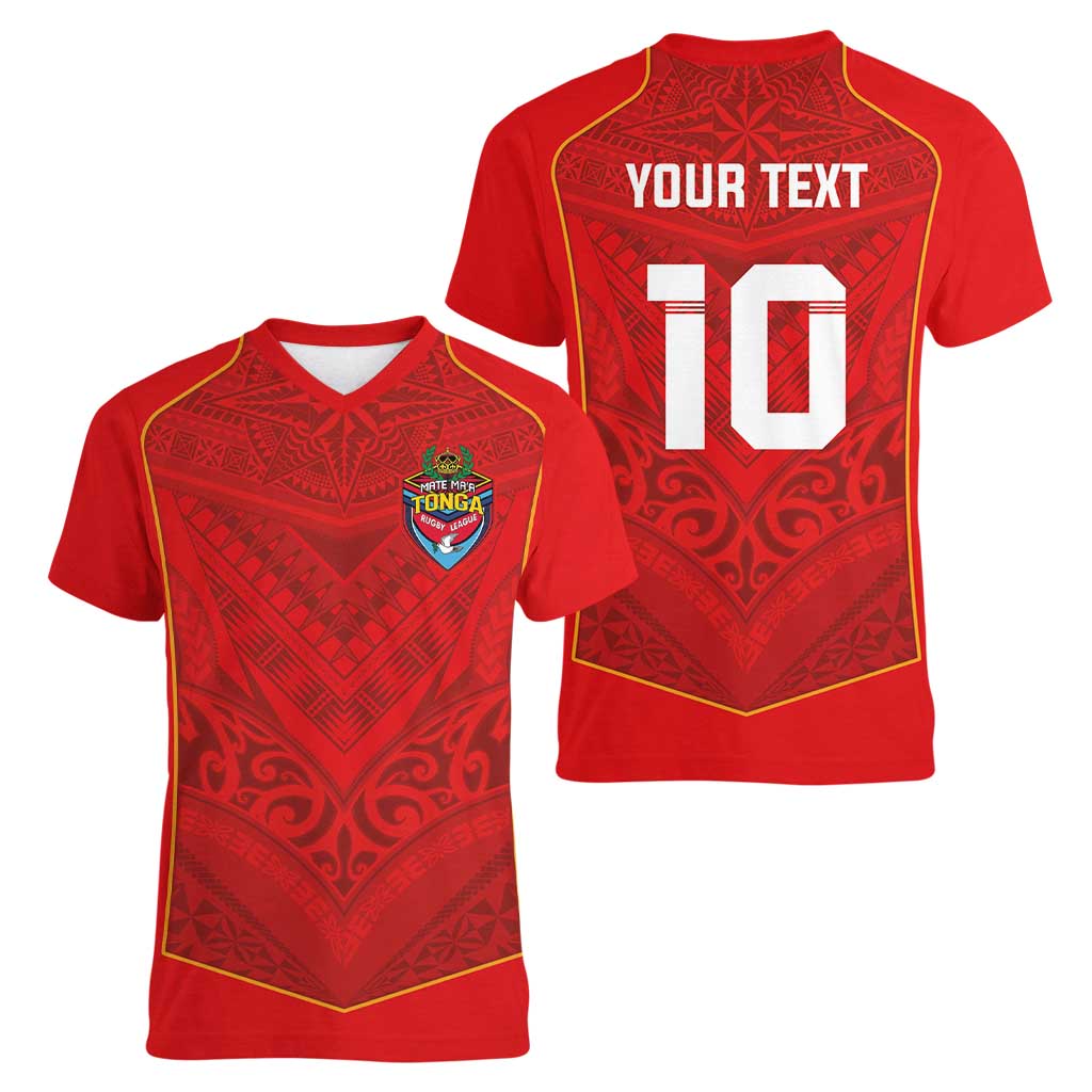 Custom Mate Ma'a Tonga Rugby Women V-Neck T-Shirt Ngatu Tribal Motifs Sporty Style - Polynesian Pride