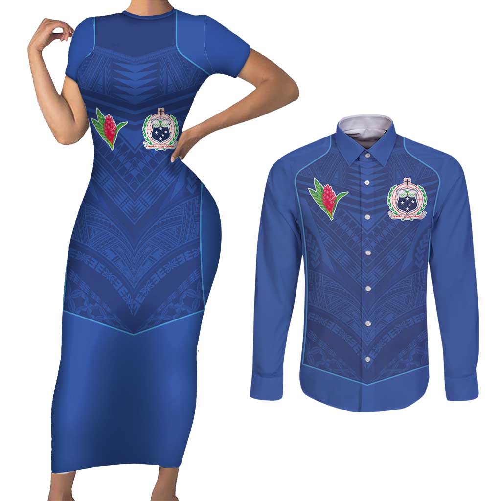 Custom Samoa Rugby Couples Matching Short Sleeve Bodycon Dress and Long Sleeve Button Shirt Tatau Tribal Motifs Sporty Style - Polynesian Pride