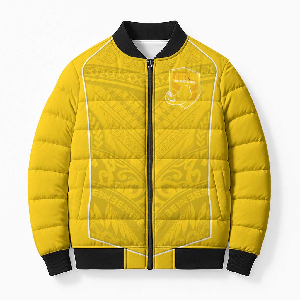 Custom Niue Rugby Bomber Puffer Jacket Hiapo Tribal Motifs Sporty Style - Polynesian Pride