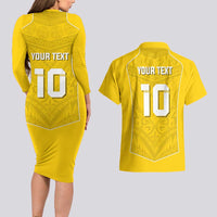 Custom Niue Rugby Couples Matching Long Sleeve Bodycon Dress and Hawaiian Shirt Hiapo Tribal Motifs Sporty Style - Polynesian Pride