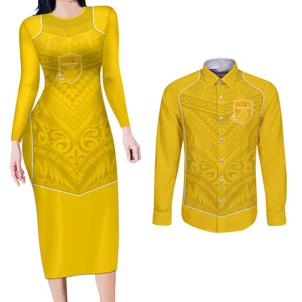 Custom Niue Rugby Couples Matching Long Sleeve Bodycon Dress and Long Sleeve Button Shirt Hiapo Tribal Motifs Sporty Style - Polynesian Pride