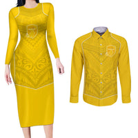 Custom Niue Rugby Couples Matching Long Sleeve Bodycon Dress and Long Sleeve Button Shirt Hiapo Tribal Motifs Sporty Style - Polynesian Pride